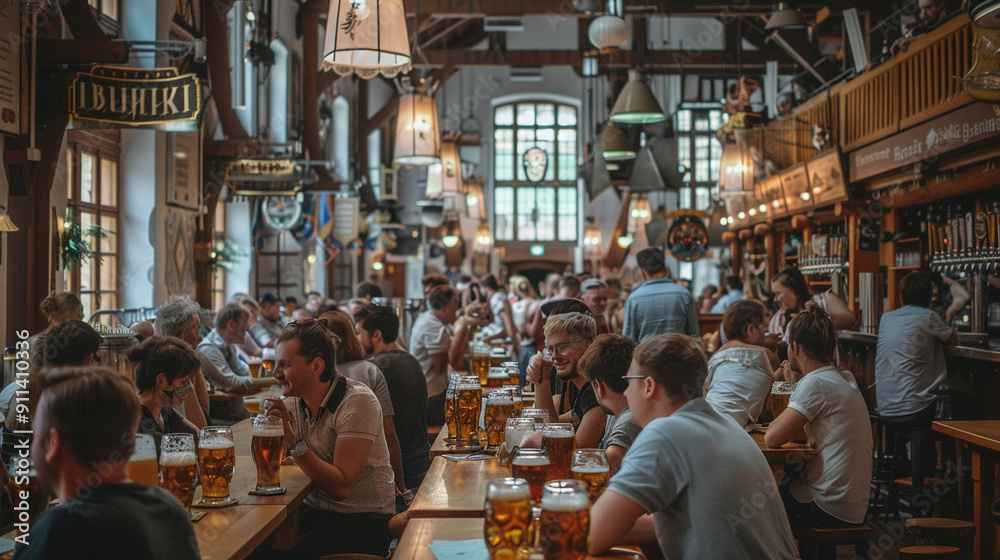 A bustling beer hall filled with people in traditional Bavarian attire, steins of beer, lively music, and laughter A bustling beer hall filled with people in traditional Bavarian attire, steins of beer, lively music, and laughter