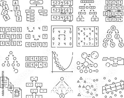 sorting algorithm data filter icons set vector. flow sort, big stroke, database editable, organize stream, structure science process sorting algorithm data filter black contour illustrations photo