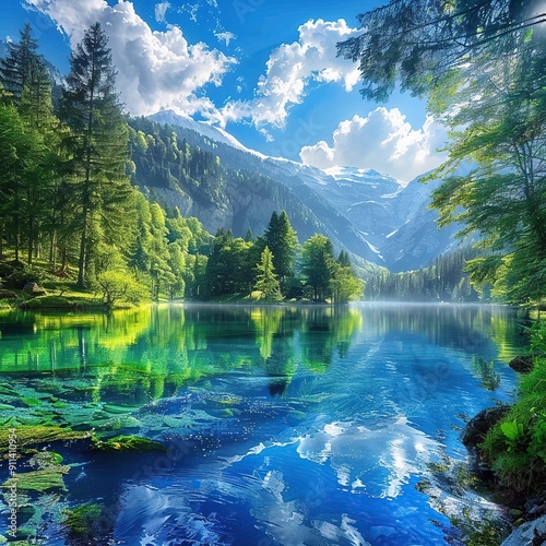 Crystal Clear River Reflecting the Blue Sky in a Forest photo