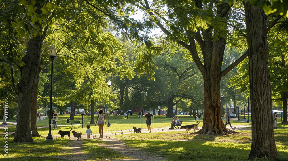A lively city park with people jogging, walking dogs, and children ...