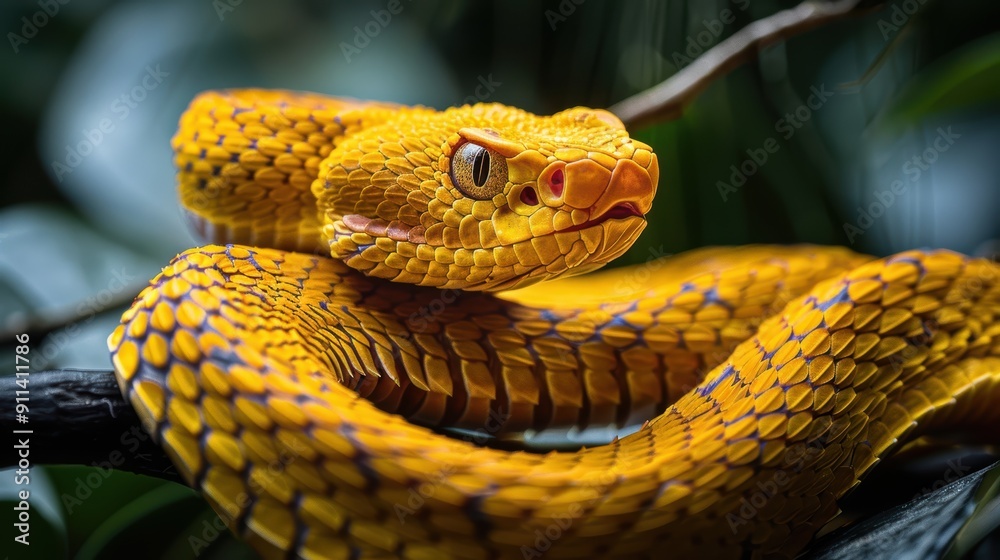Fototapeta premium Close-up of a Yellow Viper Snake Coiled on a Branch