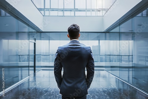 Businessman seen from behind in a business environment. photo