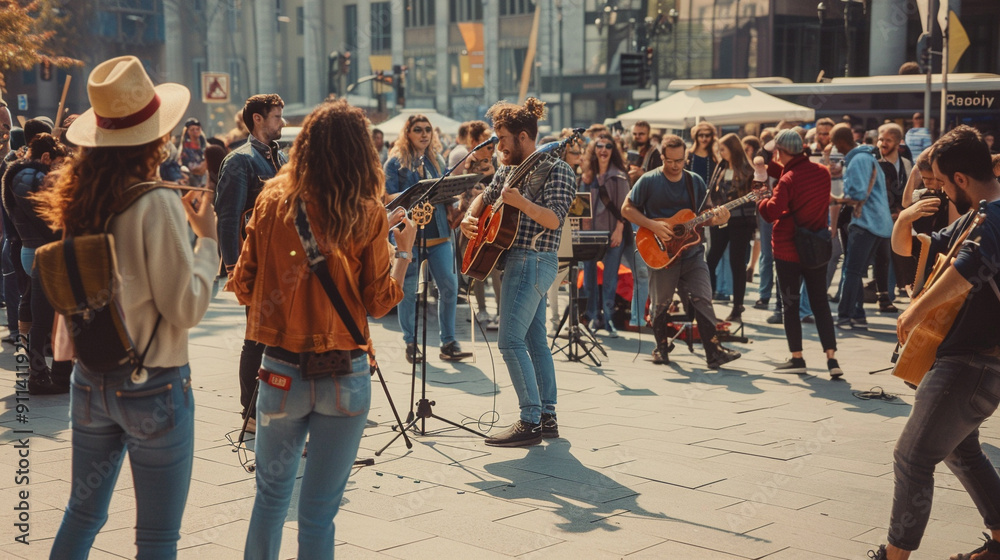 Fototapeta premium A lively street performance with musicians, dancers, and a crowd enjoying the entertainment in an urban square.