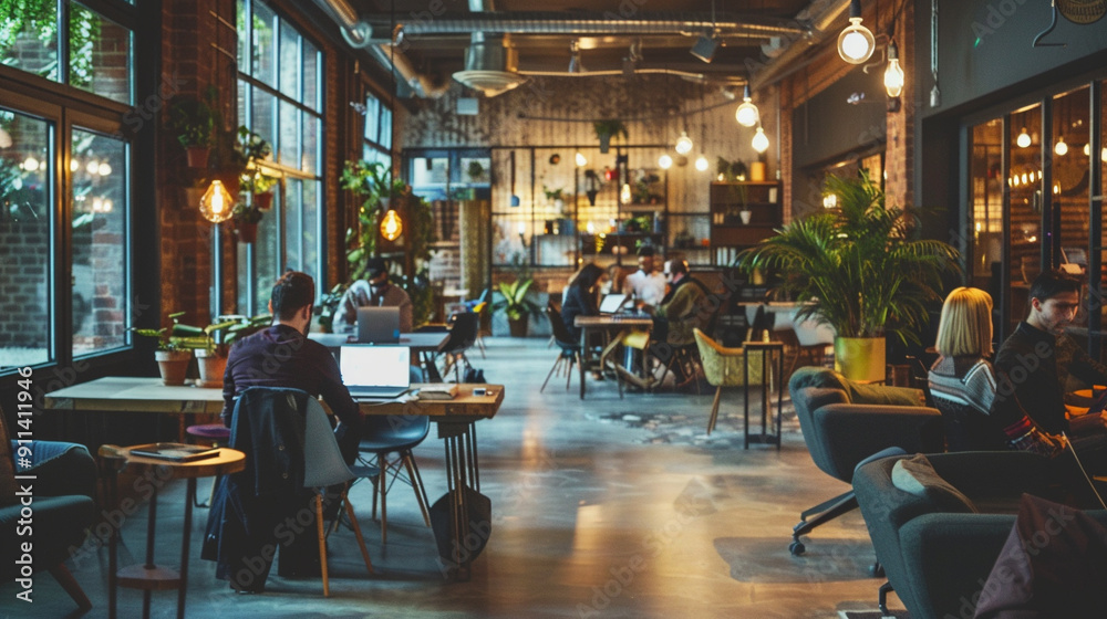A modern coworking space with freelancers working on laptops, stylish decor, and a collaborative atmosphere. A modern coworking space with freelancers working on laptops, stylish decor, and a collaborative atmosphere.