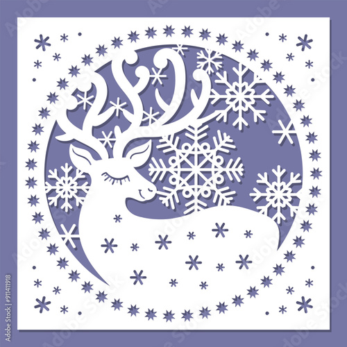 Christmas card template with snowflakes and a deer. Template for laser cutting from paper, cardboard, wood, metal. For the design of Christmas and New Year decorations, interior decor, cards, greeting