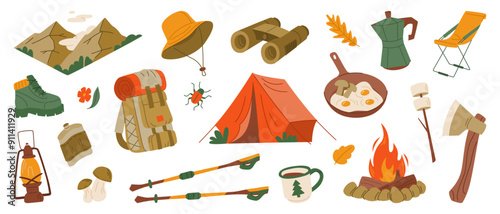 Camping Equipment and Outdoor Adventure Icons