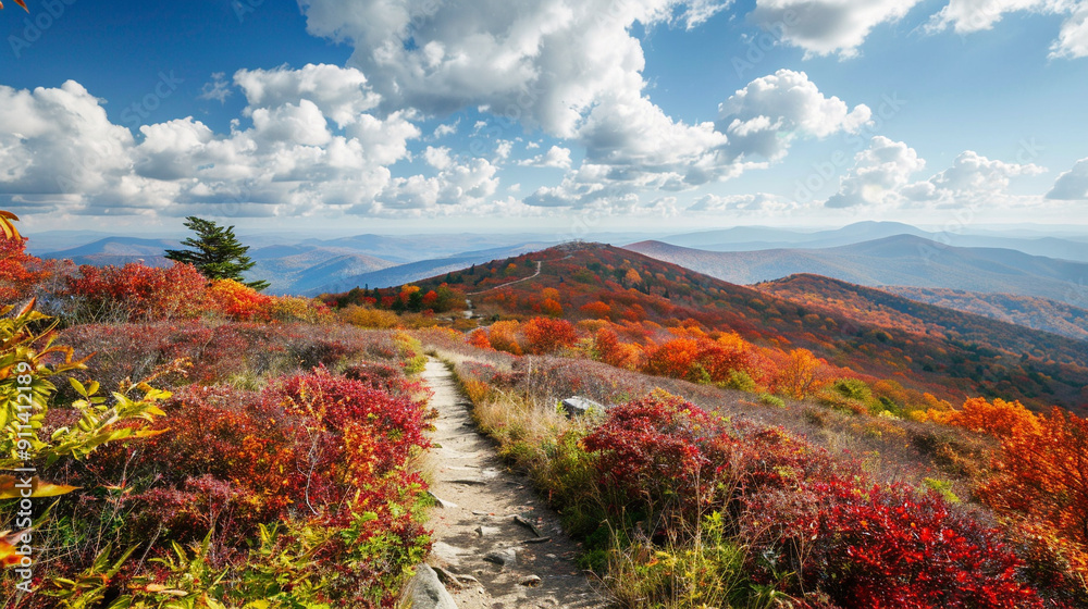 picturesque mountain landscape during autumn, with colorful foliage, a clear blue sky, and a winding hiking trail. picturesque mountain landscape during autumn, with colorful foliage, a clear blue sky, and a winding hiking trail.