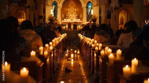 A serene All Saints' Day service, with a congregation gathered in a church, lighting candles, photo