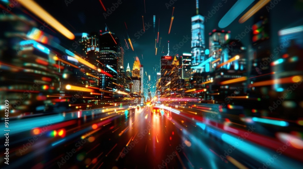 Fototapeta premium Abstract city lights and streaks in a futuristic cityscape at night.