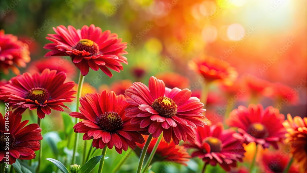 Fototapeta premium Vibrant red flowers on a blurred background, floral, vibrant, vivid, red, petals, nature, wallpaper, background, beauty