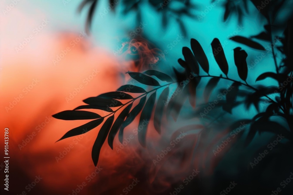 Silhouettes of leaves against a vibrant sunset sky. Silhouettes of leaves against a vibrant sunset sky.