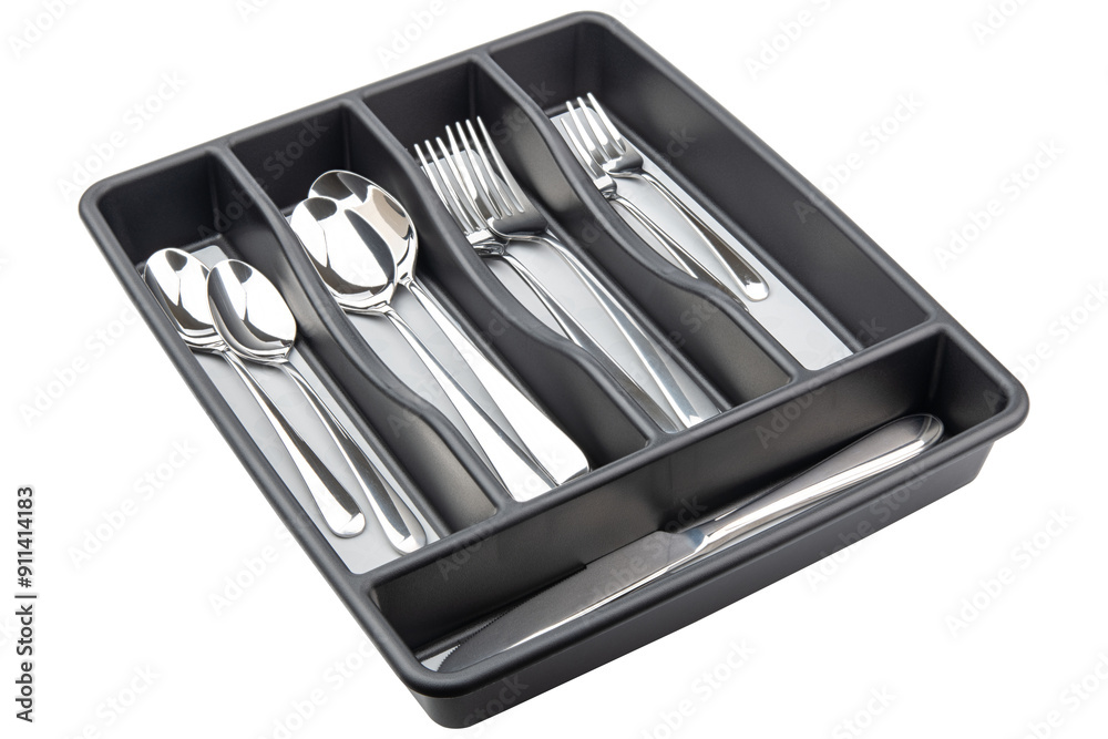 Kitchen drawer organizer for forks, knives, spoons. Classic large silverware plastic tray 5 compartments. Kitchen drawer organizer soft grip lining and non-slip rubber feet. Object photography Kitchen drawer organizer for forks, knives, spoons. Classic large silverware plastic tray 5 compartments. Kitchen drawer organizer soft grip lining and non-slip rubber feet. Object photography