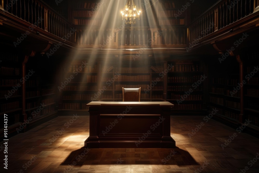 custom made wallpaper toronto digitalDramatic light beams through a grand library with a wooden desk in the center.