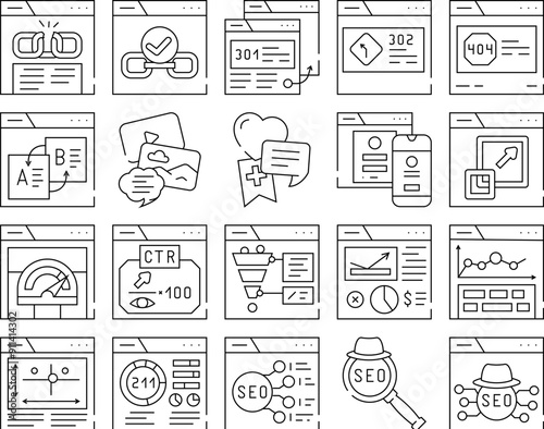 seo web tech business digital icons set vector. technical secure, website analytics, consulting traffic, market, page, cyber keyword seo web tech business digital black contour illustrations