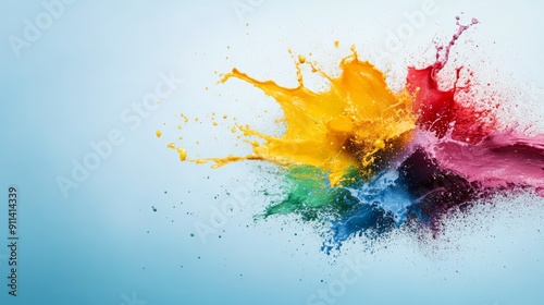 Vibrant paint splashes explode in a burst of color against a light blue background.