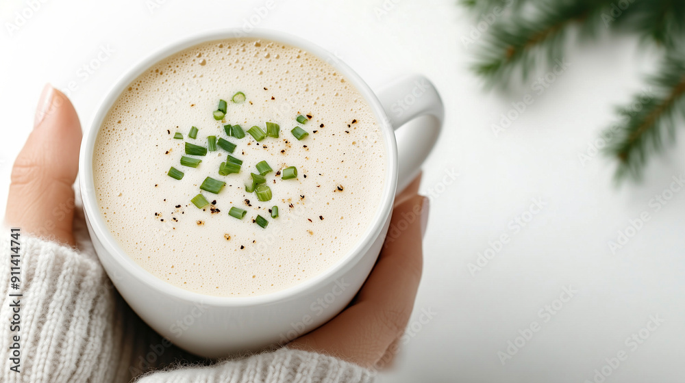 Women's hands are holding a scallion latte cup on a white background with a branch of a Christmas tree. Copy space. Women's hands are holding a scallion latte cup on a white background with a branch of a Christmas tree. Copy space.