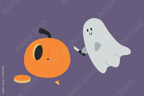 Ghost carving pumpkins for Halloween. Fun Spirits with pumpkin heads. Cute Spooky Elements. Vector flat Illustration on violet Background.