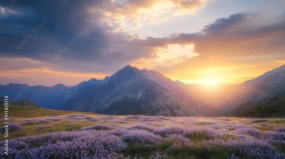 Naklejka premium Golden sunset over a field of purple wildflowers in front of majestic mountains.
