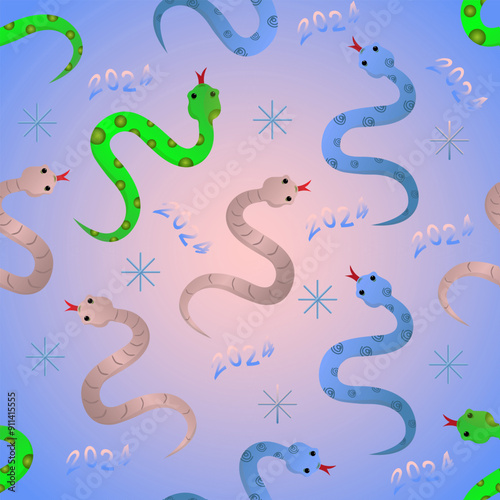 Seamless pattern with cute different snakes. Vector illustration in simple modern style, Bright animal pattern, Cheerful background with reptiles, Exotic print of jungle snakes, Children's cartoon orn