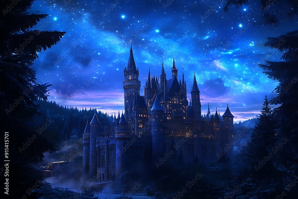 Fototapeta premium Enchanting Castle Amidst Starry Night Sky and Lush Forests