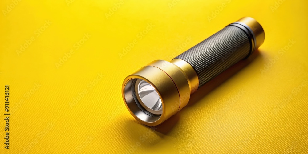 Flashlight with rechargeable li ion battery on yellow background, Flashlight, li ion battery, isolated, yellow Flashlight with rechargeable li ion battery on yellow background, Flashlight, li ion battery, isolated, yellow