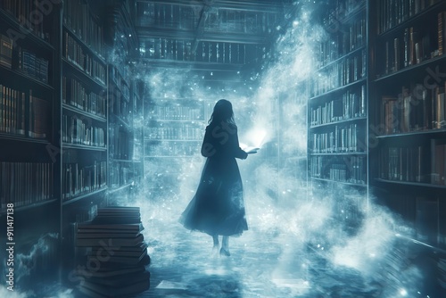 enchanted library with floating books ghostly librarian guiding readers through misty aisles knowledge materializing as glowing particles