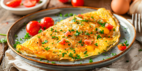 Huevos al omelette en un elegante plato y acompañado de jitomates Cherry