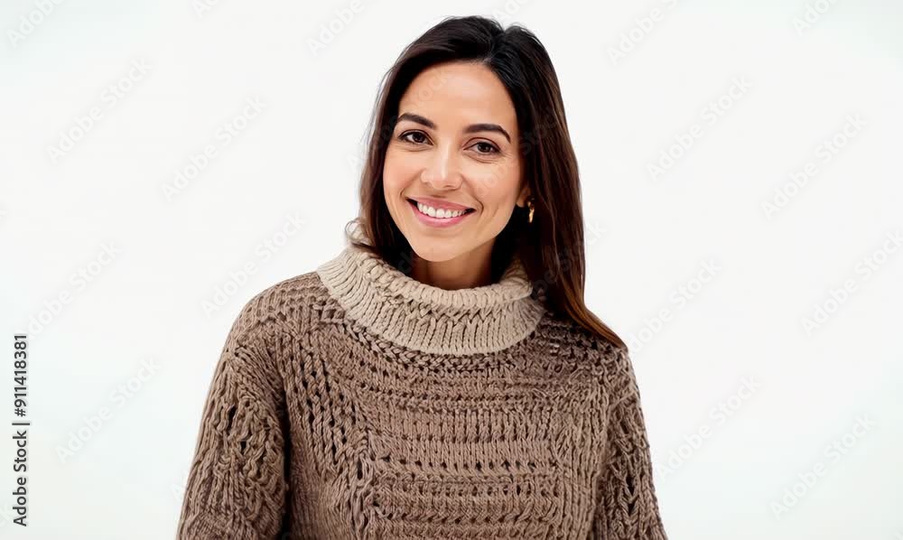 Medium shot portrait video of a Peruvian woman in her 30s wearing a cozy sweater against a white background Medium shot portrait video of a Peruvian woman in her 30s wearing a cozy sweater against a white background