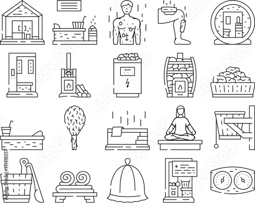 sauna steam spa health icons set vector. room accessories, relax heater, stone luxury, towel stroke, candle thermal, bath sauna steam spa health black contour illustrations