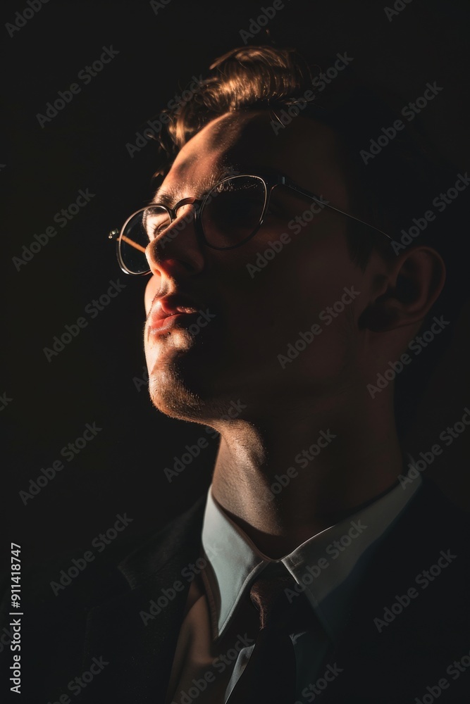 Fototapeta premium Dramatic Portrait of a Young Man in Glasses with Intense Lighting and Shadows