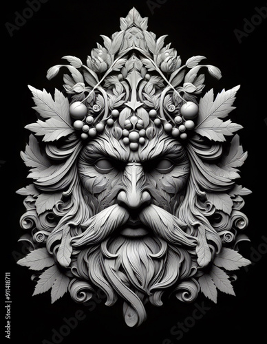 Pagan green man carved relief image.