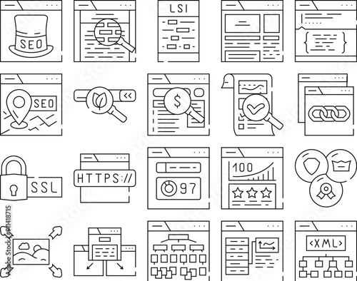 seo web technical consulting icons set vector. link ui, keyword traffic, market page, social support, media, calendar, active seo web technical consulting black contour illustrations