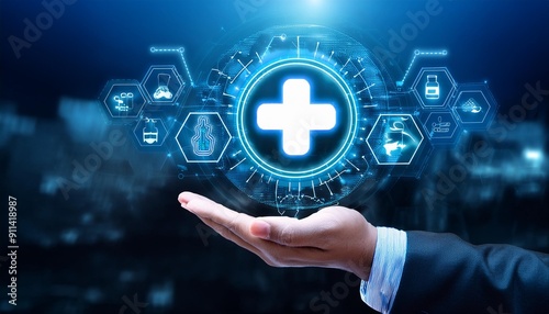 Businessman finger touching medical health care icon, business connect medicare concept, global online technology networking