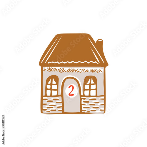 Whimsical Advent Calendar cottage door with numbers for december festive Christmas countdown. Winter holiday social media promotion campaign, festive sales and cute hand drawn festive home card design