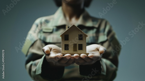 Wallpaper Mural Small model home held by African-American military veteran's hands, veteran home ownership concept, copy space Torontodigital.ca