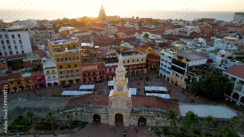 Beautiful aerial view of the walled city of Cartagena de Indias, in Colombia - the Santuario de San Pedro Claver, Torre del Reloj and the Catedral de Santa Catalina de Alejandría photo