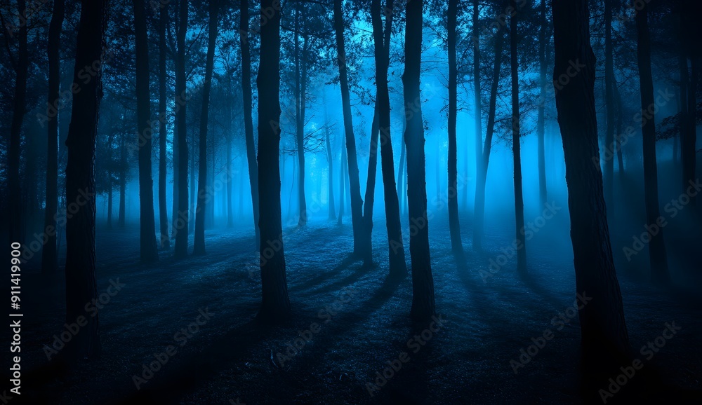 Fototapeta premium A mysterious and foggy forest at night, with tall trees casting long shadows on the ground. The scene is filled with an eerie blue light that creates a sense of mystery and unease.