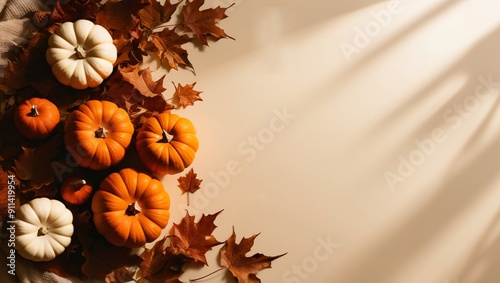 autumn background with pumpkin and leaves, background for text photo