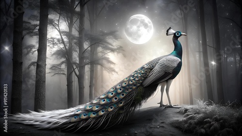 A Symphony of Feathers: A Black and White Peacock in a Serene Moonlight Forest  generative AI photo