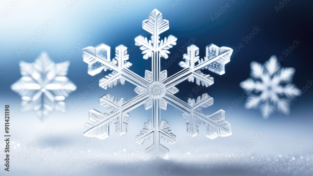 Crystal snowflake on blurred winter background. Snowflake macro sparkling Holiday, natural cold lighting Crystal snowflake on blurred winter background. Snowflake macro sparkling Holiday, natural cold lighting