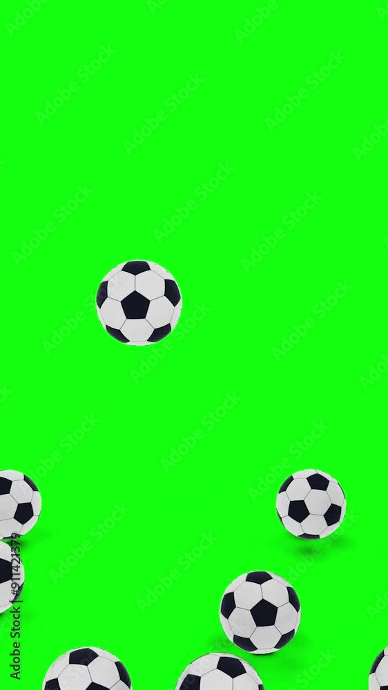 Pile of 3d soccer balls fall and bounce on the floor over green screen. Sports concept. World cup symbol. Vertical chroma key background. Phone wallpaper Pile of 3d soccer balls fall and bounce on the floor over green screen. Sports concept. World cup symbol. Vertical chroma key background. Phone wallpaper