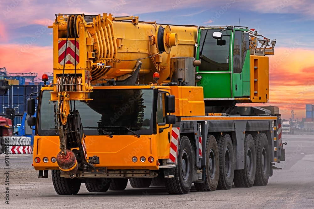 Crane truck construction site. Crane truck construction site.