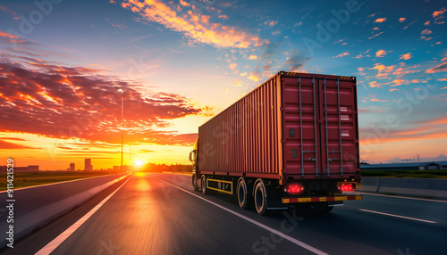 Concept transport logistique routier avec camion poids lourd sur route avec conteneur