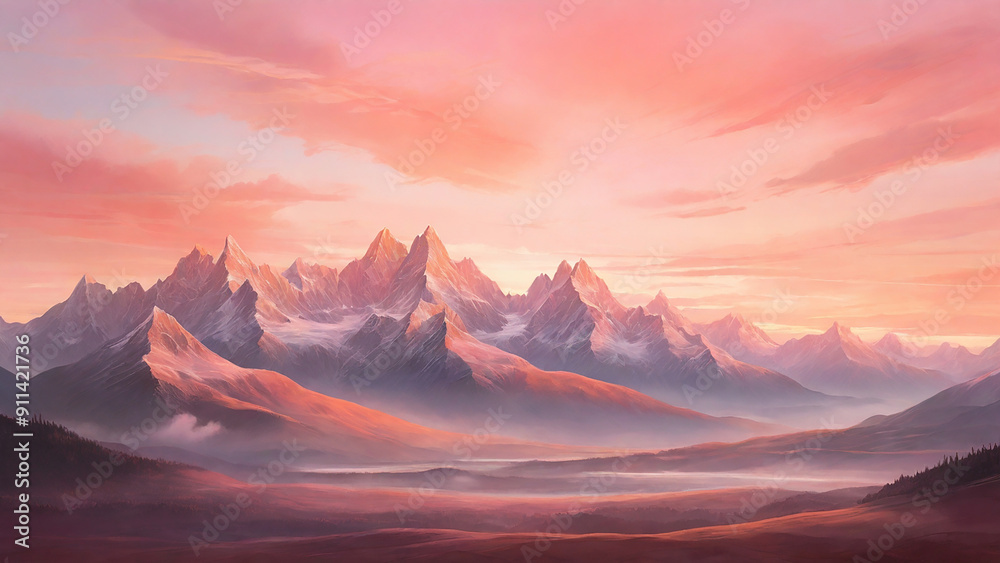 A majestic mountain range bathed in the warm hues of a summer sunset. A majestic mountain range bathed in the warm hues of a summer sunset.