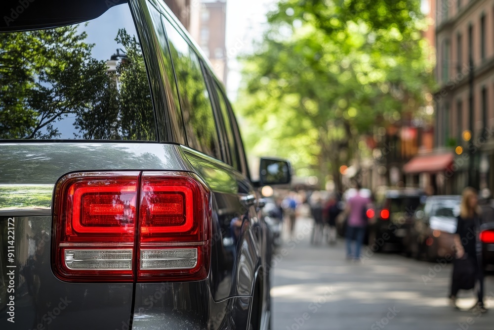 Mock-up for a sticker or decal on the rear window of a car parked on the street in a sunny summer day