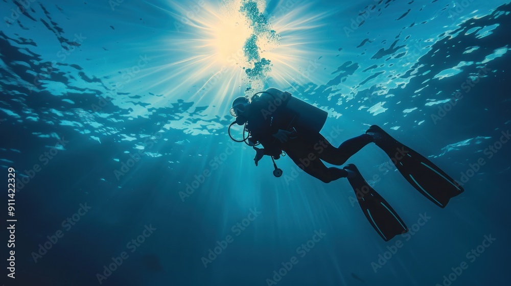 Scuba Diver in Sunlight Underwater