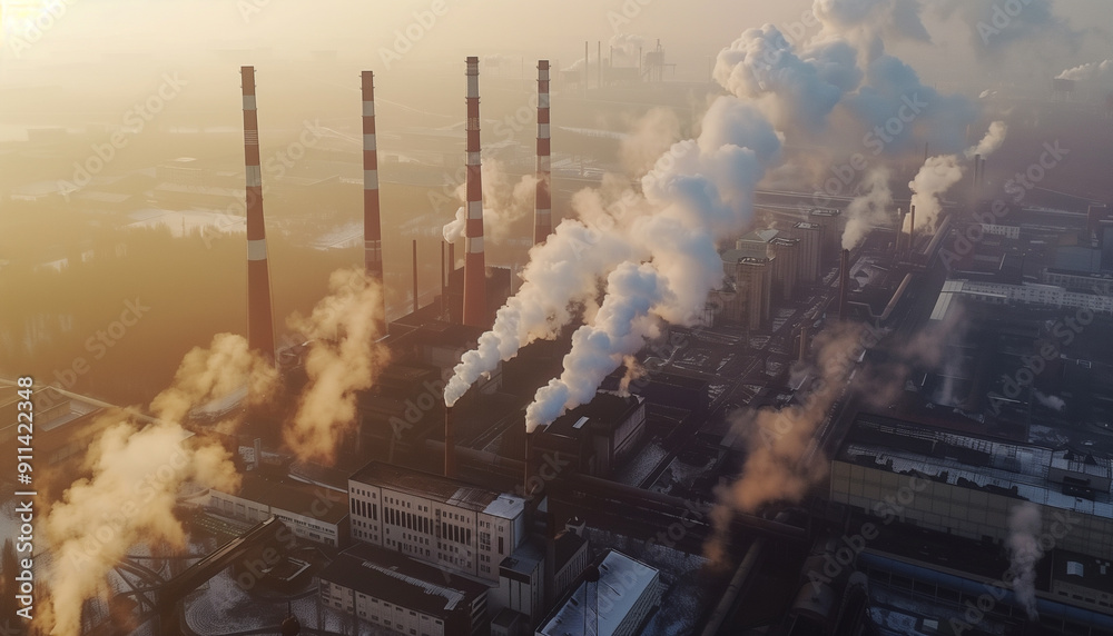 Vue aérienne d'une usine dégageant de nombreuses fumées polluantes à ...