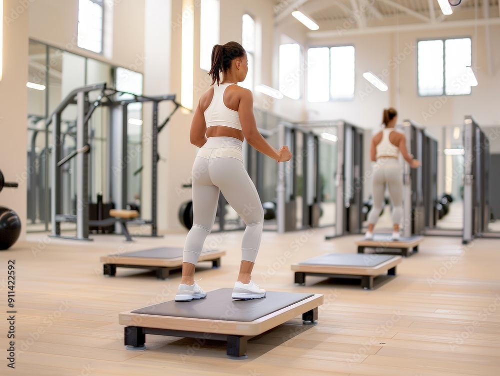 A woman in activewear performs step aerobics on platforms in a modern gym with large windows and exercise equipment.
