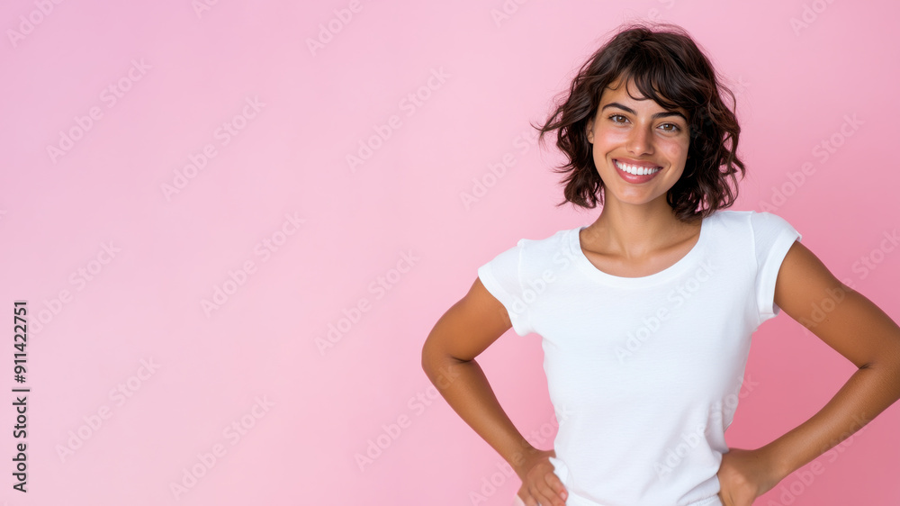 French woman smile hands on hips wearing white t-shirt isolated on gray French woman smile hands on hips wearing white t-shirt isolated on gray