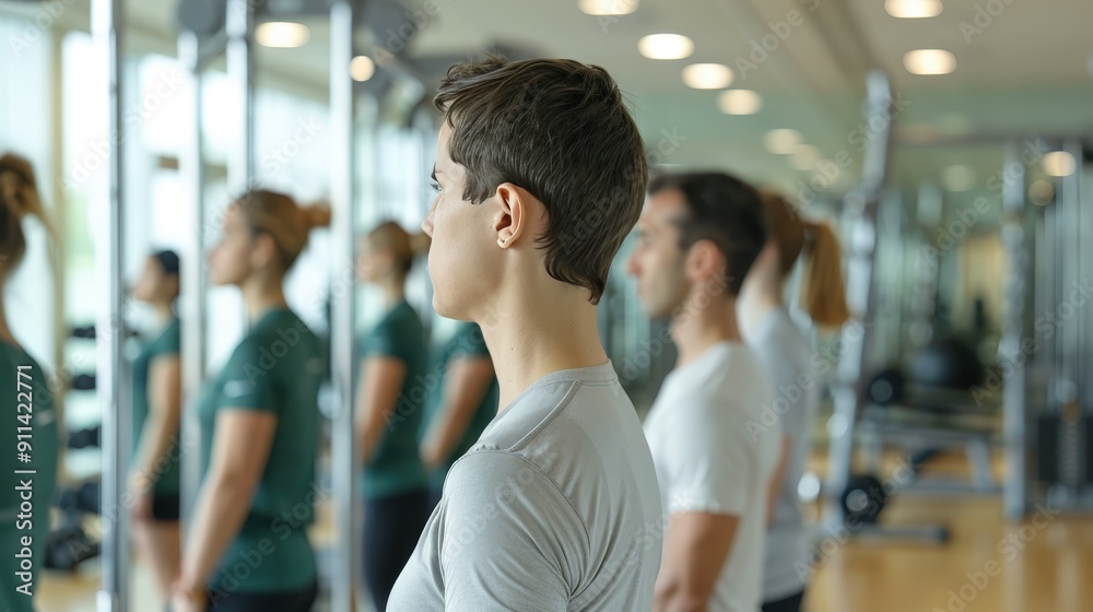Group of people participating in a fitness class at the gym, focusing on their workout routines in a modern, well-lit space. Group of people participating in a fitness class at the gym, focusing on their workout routines in a modern, well-lit space.